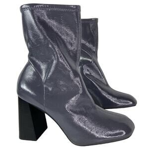 New Topshop Heeled Ankle Boots Grey Patent Faux Leather Tall Shaft Retro EU 41
